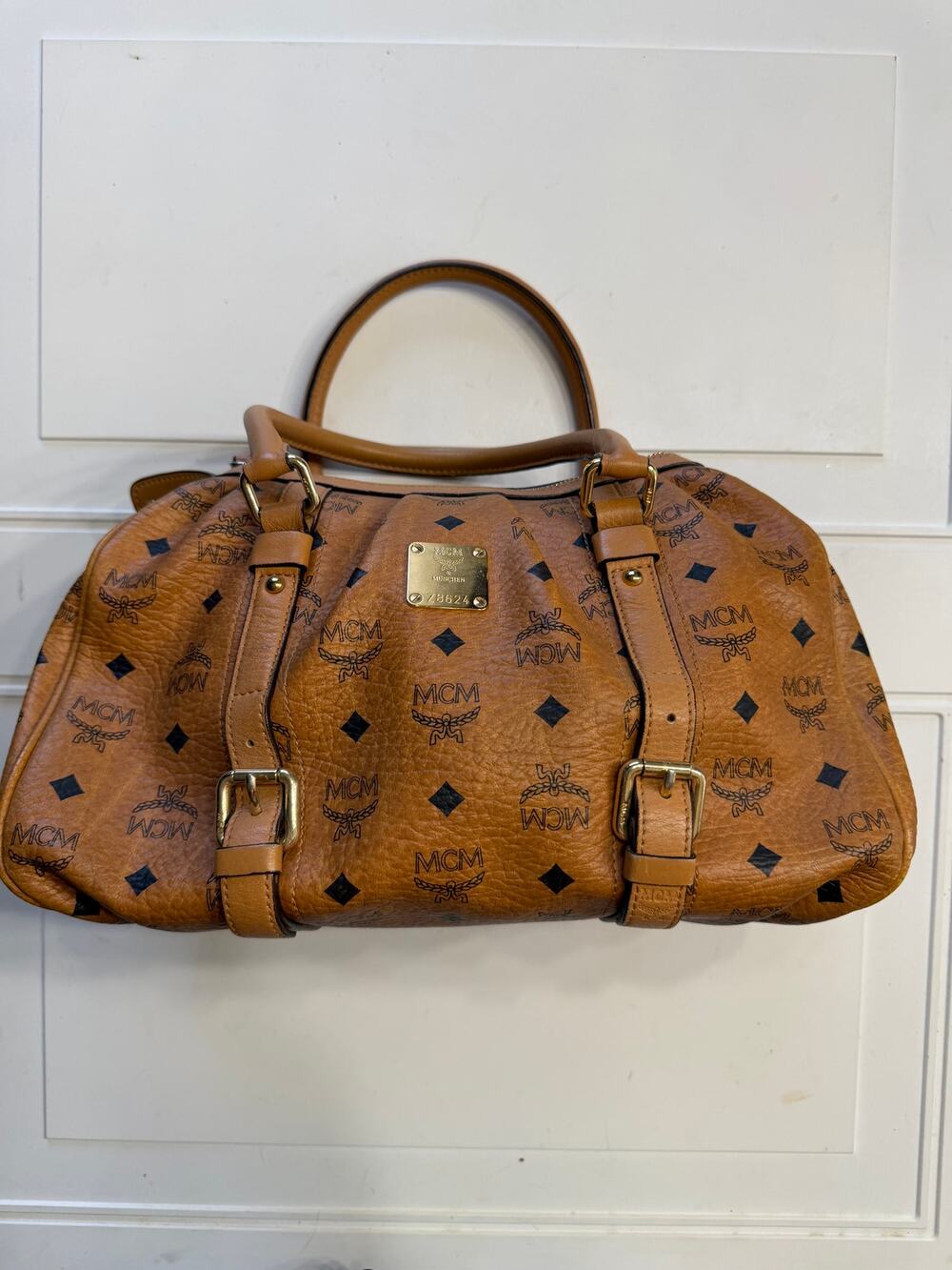 MCM Visetos Cognac Tan Leather Gold Hardware Purse Satchel Shoulder Purse Bag